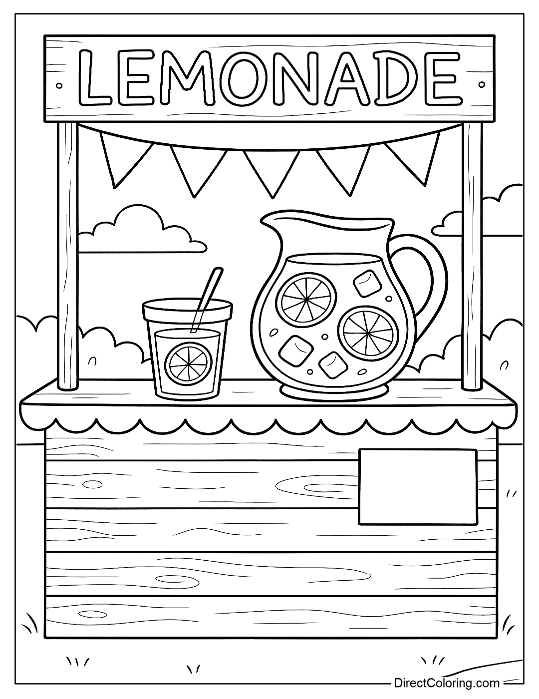 coloring page Kids' homemade lemonade stand with price tag and cool glasses of water